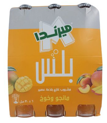[RV2-LINE1] ميرندا بلس مشروب غازي بلذعة عصير مانجو وخوخ زجاج شدة 6*300مل